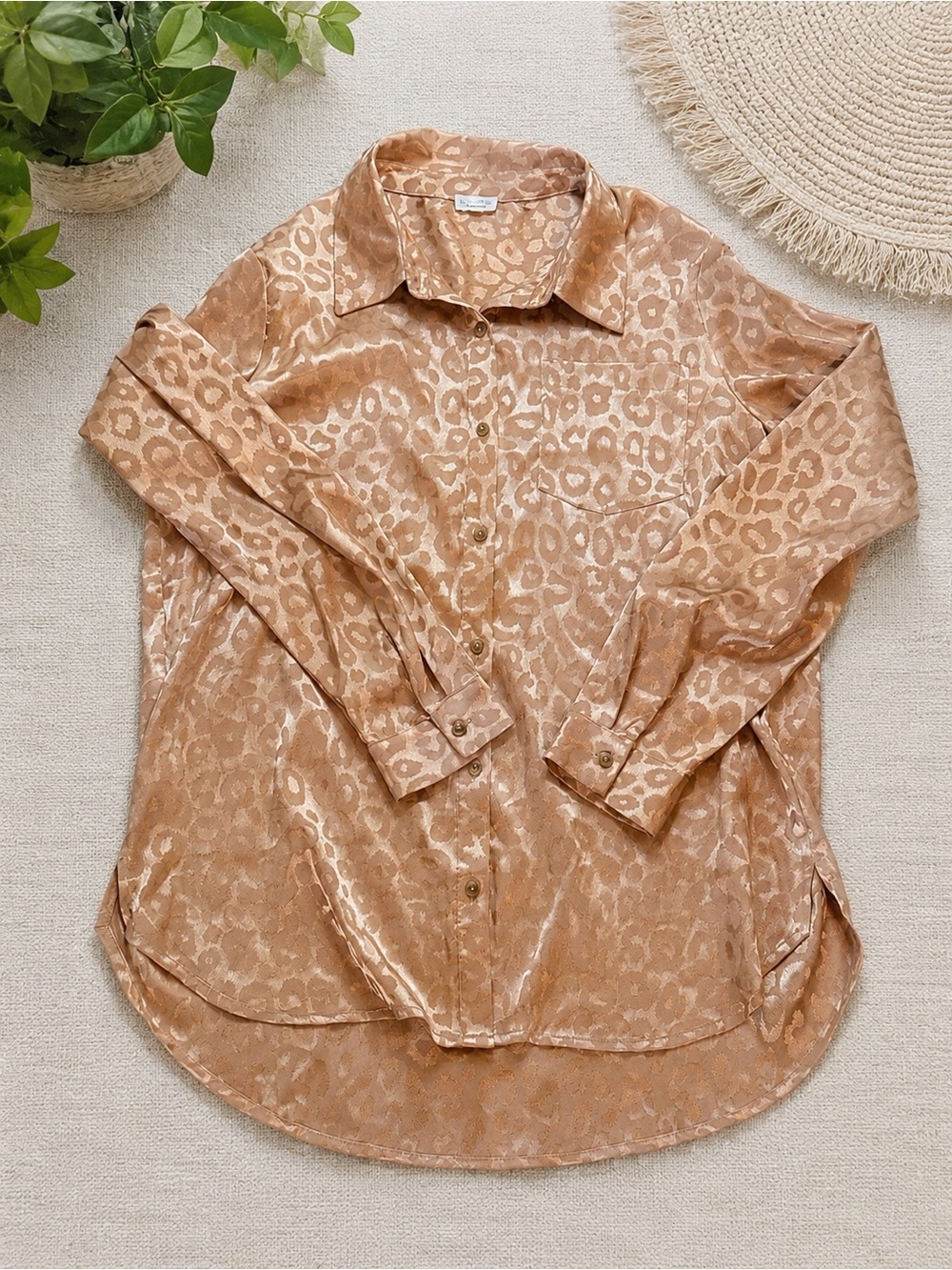 Hem & Thread Satin Leopard Print Button Down Blouse Champagne Beige Size L